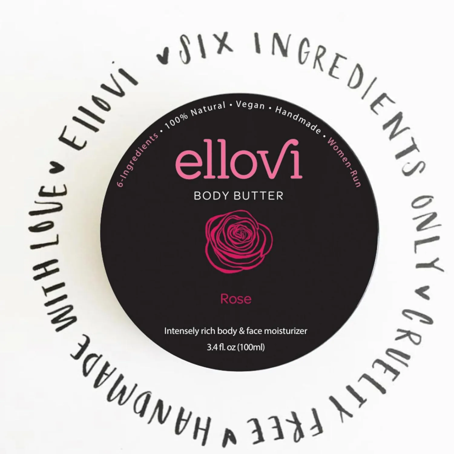 All-Natural Body Butter - Rose - Pure Enough to Eat - Made With Just 6 Vegan Ingredients - Ultra-Rich 100% Plant-Based Hydrating Moisturizer For Naturally Healthy Skin (3.4 fl. oz/100ml)