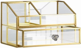 Antique Glass Cosmetics Storage Case, Makeup Organizer with Copper Bar Plating, Dressing Table Lipstick & Nail Polish Container, Drawer for Accessories
