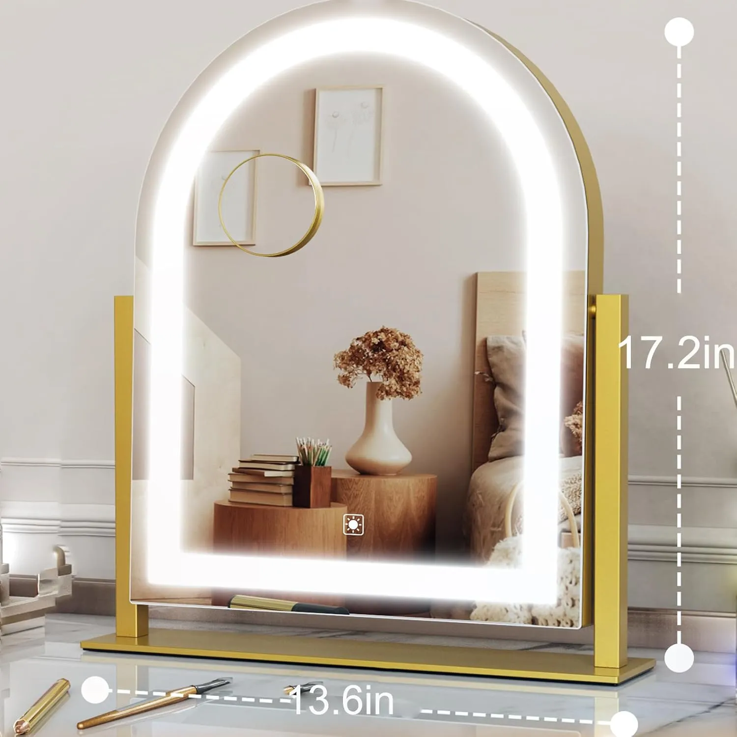 Arched Makeup Vanity Mirror with Lights 17.2" Large LED Lighted Mirror, Hollywood Make Up Mirror with Lighting, Smart Touch,Detachable 5X Magnification 360° Rotation, (Gold,Gift Box)