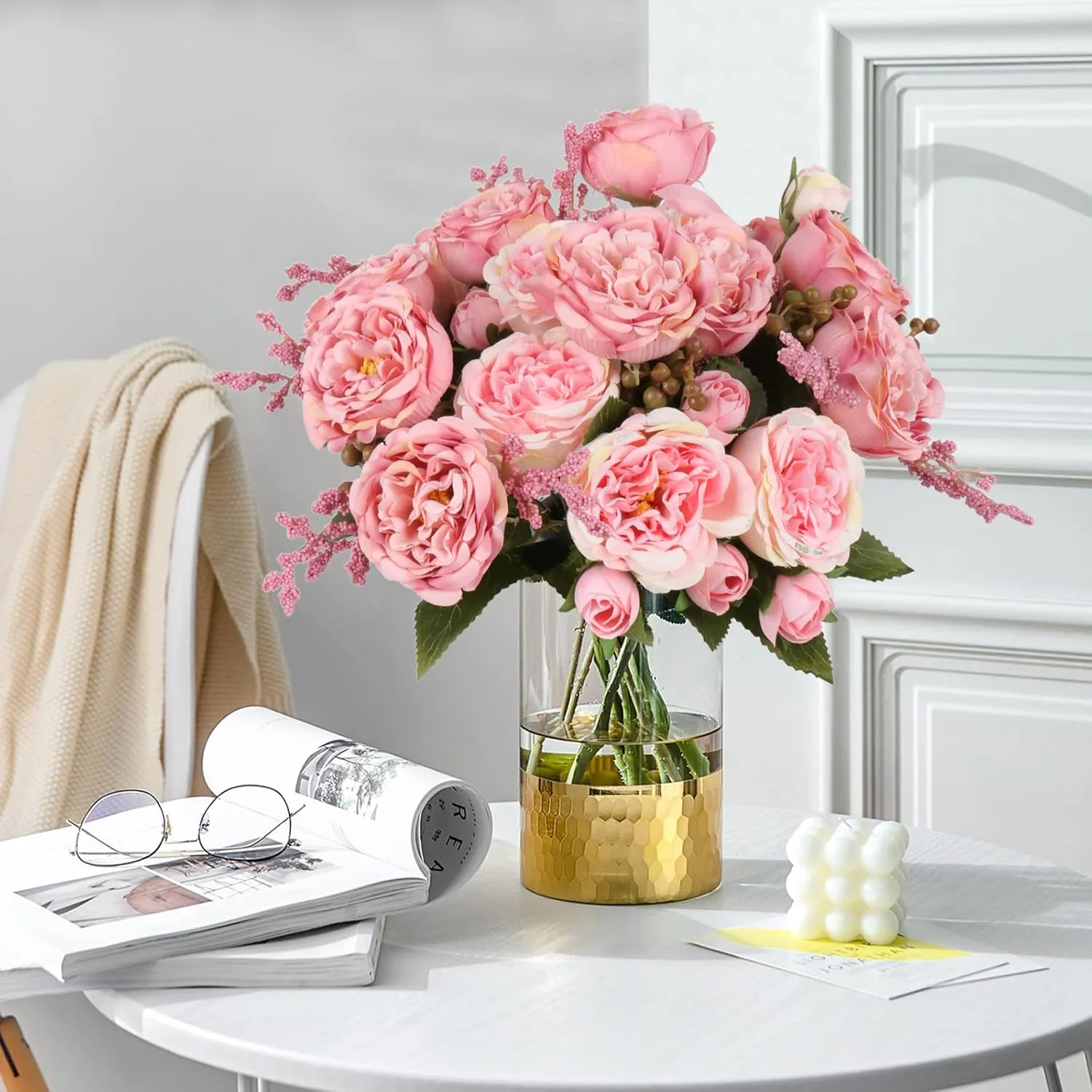 Artificial Peonies Silk Flowers, Pink Faux Peony Bouquet 4 Bundles Florals Arrangements for Farmhouse Home Boho Wedding Table Centerpiece, Fake Plastic Flowers Bulk for Vase Decoration (Blush Pink)