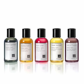 Assorted Travel Size Bubble Bath Collection (Set of 5) by Nabila K - Forest Experience, Sunshine Zest, Rose Garden, Sweet Surrender, Heart of Provence - Essential Oils with Natural Ingredients - 2 oz