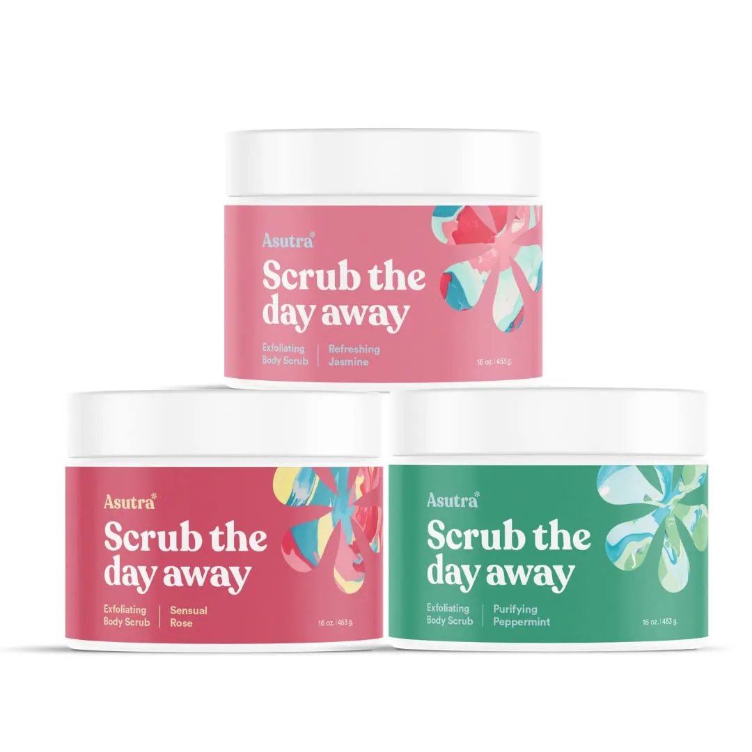 ASUTRA Dead Sea Salts Essential Oil Body Scrub Bundle – 3, Full-Size 16 oz Body Scrubs – Refreshing Jasmine, Sensual Rose, Purifying Peppermint – Ultra Hydrating, Gentle, and Moisturizing