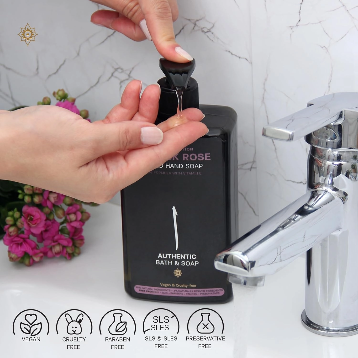 AUTHENTIC BATH & SOAP Natural - Damask Rose Oil Liquid Hand Soap - Hydrating Handsoap for All Skin Types, Hand Wash with Vitamin E, Cruelty-Free, Vegan, no Sulfate, Palm Oil Free 16.9 Fl Oz