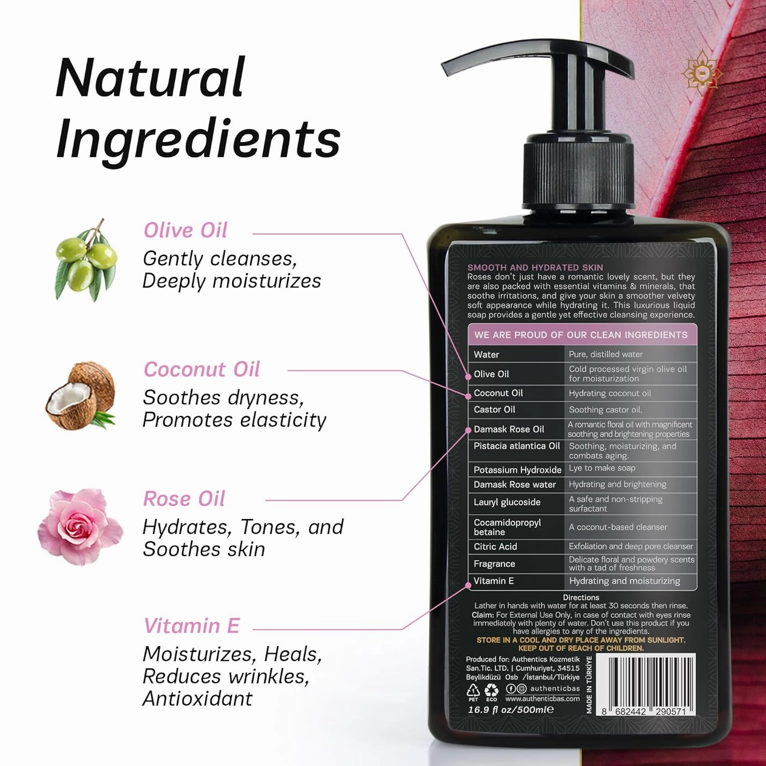 AUTHENTIC BATH & SOAP Natural - Damask Rose Oil Liquid Hand Soap - Hydrating Handsoap for All Skin Types, Hand Wash with Vitamin E, Cruelty-Free, Vegan, no Sulfate, Palm Oil Free 16.9 Fl Oz
