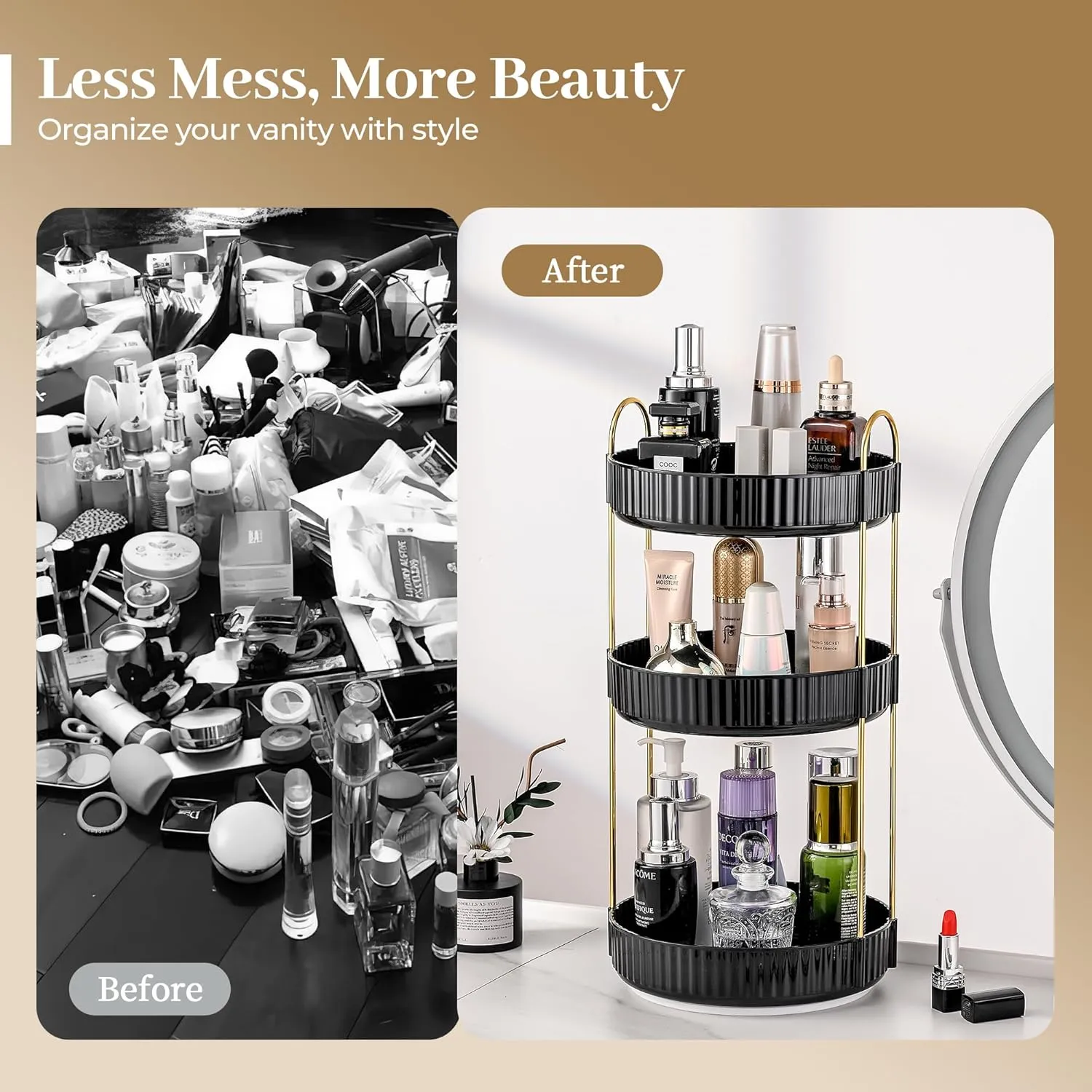 Aveniee 360 Rotating Makeup Organizer for Vanity, Large Spinning Bathroom Counter Organizer Shelf Holder for Cosmetics, Skin Care, Lipsticks (3 Tiers, Black)