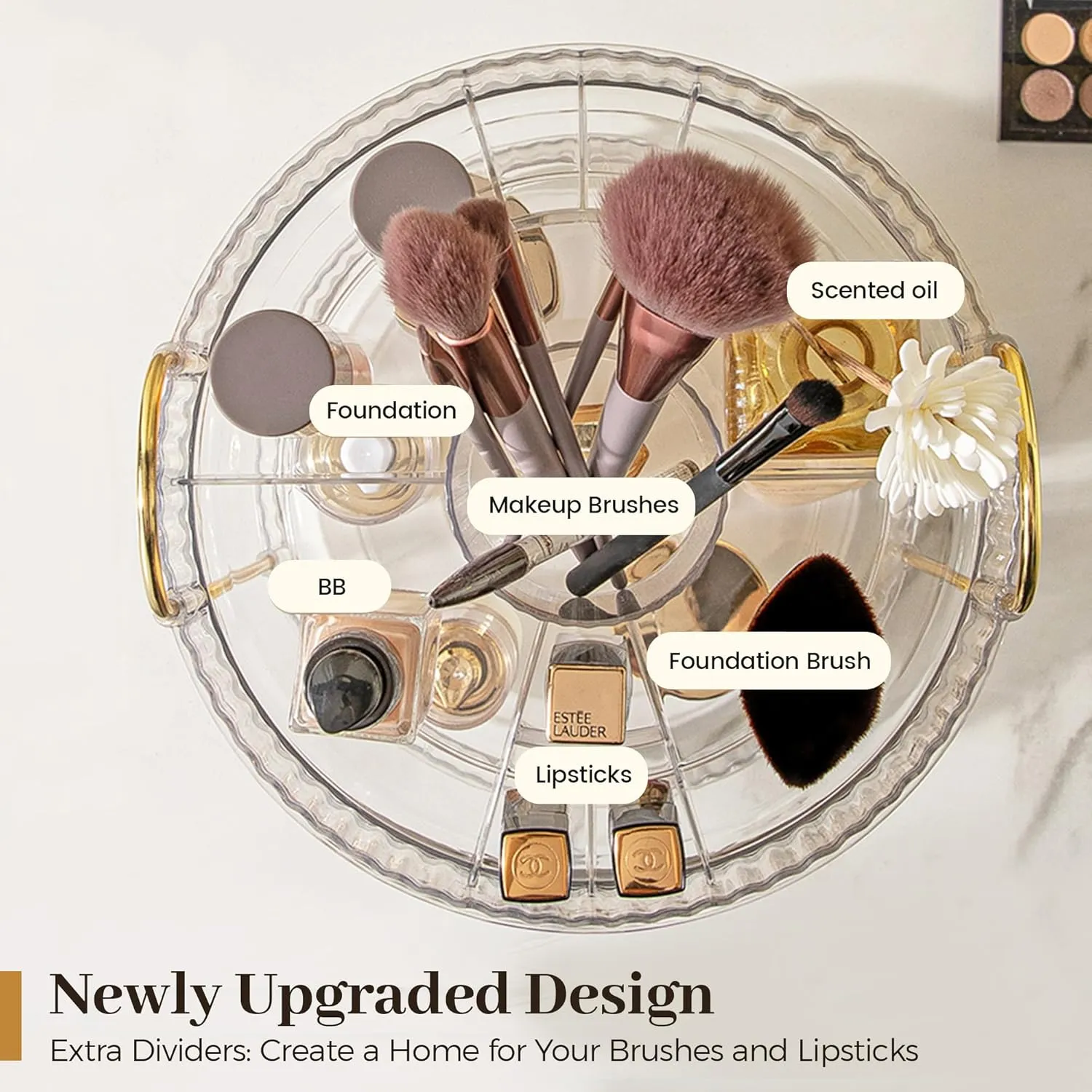 Aveniee 360° Rotating Makeup Organizer for Vanity, Perfume Skincare Bathroom Countertop Organizers, 3 Tier Spinning Skincare Storage with Brush Holder for Lipstick Cosmetic Lotion(White)