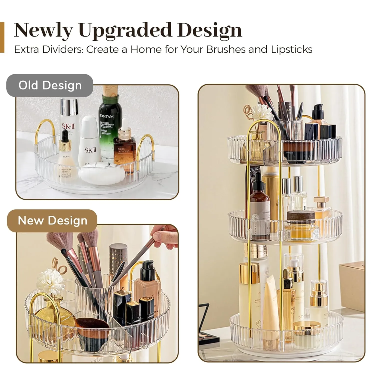 Aveniee 360° Rotating Makeup Organizer for Vanity, Perfume Skincare Bathroom Countertop Organizers, 3 Tier Spinning Skincare Storage with Brush Holder for Lipstick Cosmetic Lotion(White)