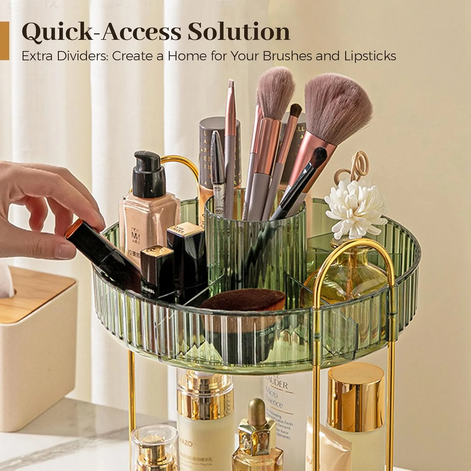 Aveniee 360 Rotating Makeup Organizer for Vanity, Perfume Storage with Brush Holder for Bathroom Countertop, 3 Tier Spinning Skincare Display Case for Lipstick Cosmetic Lotion (Green)