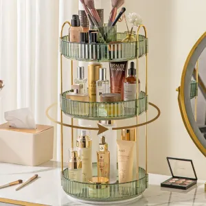 Aveniee 360 Rotating Makeup Organizer for Vanity, Perfume Storage with Brush Holder for Bathroom Countertop, 3 Tier Spinning Skincare Display Case for Lipstick Cosmetic Lotion (Green)