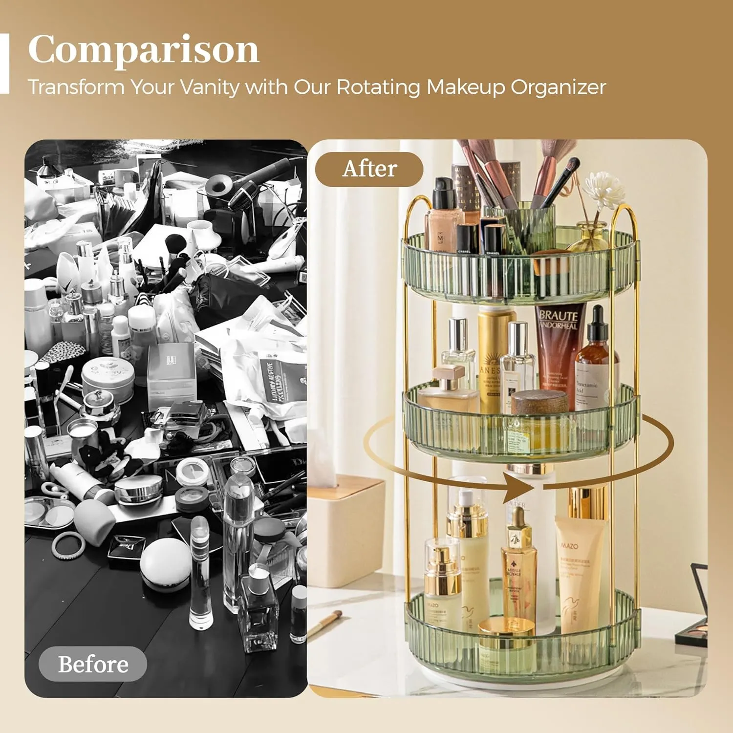 Aveniee 360 Rotating Makeup Organizer for Vanity, Perfume Storage with Brush Holder for Bathroom Countertop, 3 Tier Spinning Skincare Display Case for Lipstick Cosmetic Lotion (Green)