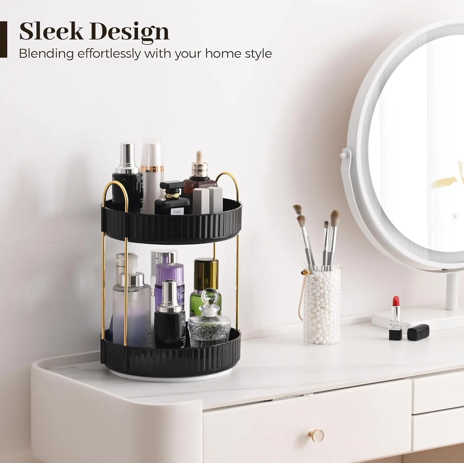 Aveniee 360 Rotating Makeup Organizer for Vanity, Skincare & Perfume, Large Capacity Bathroom Countertop Storage, 2 Tiered Black Cosmetics Lipstick & Skin Care Holder for Dresser