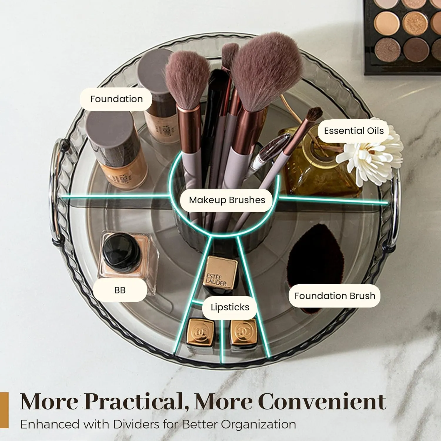 Aveniee 360° Rotating Makeup Organizer for Vanity, Upagraded Perfume Skincare Bathroom Counter Organizers with Brush Divider, 3 Tier Spinning Lipstick Cosmetic Makeup Lotion Storage Organizer (Grey)