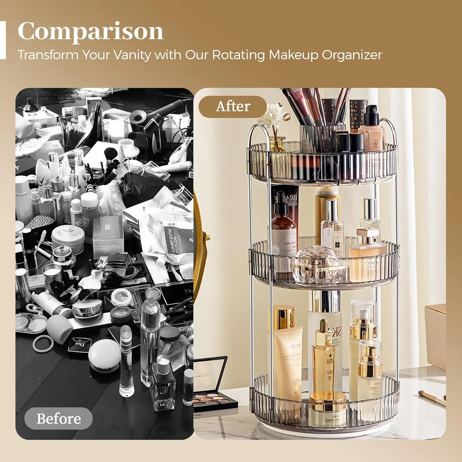 Aveniee 360° Rotating Makeup Organizer for Vanity, Upagraded Perfume Skincare Bathroom Counter Organizers with Brush Divider, 3 Tier Spinning Lipstick Cosmetic Makeup Lotion Storage Organizer (Grey)