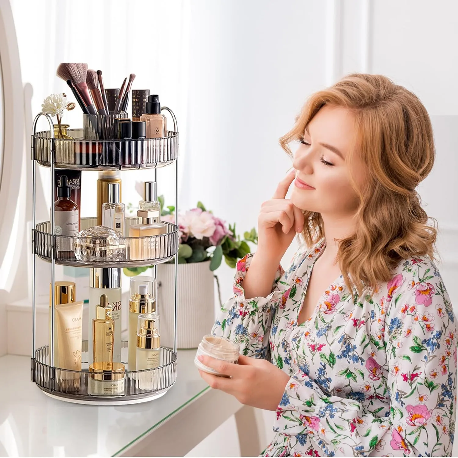 Aveniee 360° Rotating Makeup Organizer for Vanity, Upagraded Perfume Skincare Bathroom Counter Organizers with Brush Divider, 3 Tier Spinning Lipstick Cosmetic Makeup Lotion Storage Organizer (Grey)