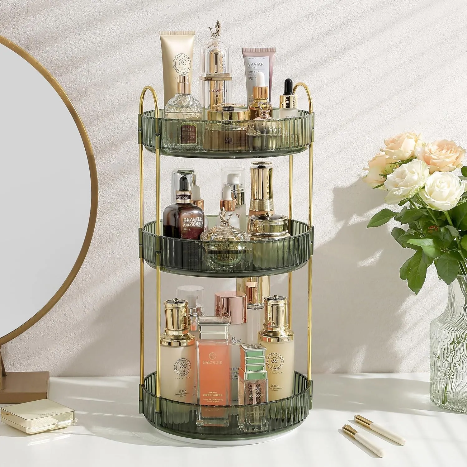 Aveniee Rotating Makeup Organizer for Vanity, 3 Tier Skin Care Perfume Bathroom Counter Organizers and Storage, Clear Spinning Cosmetics Storage Holder for Dresser(Green)