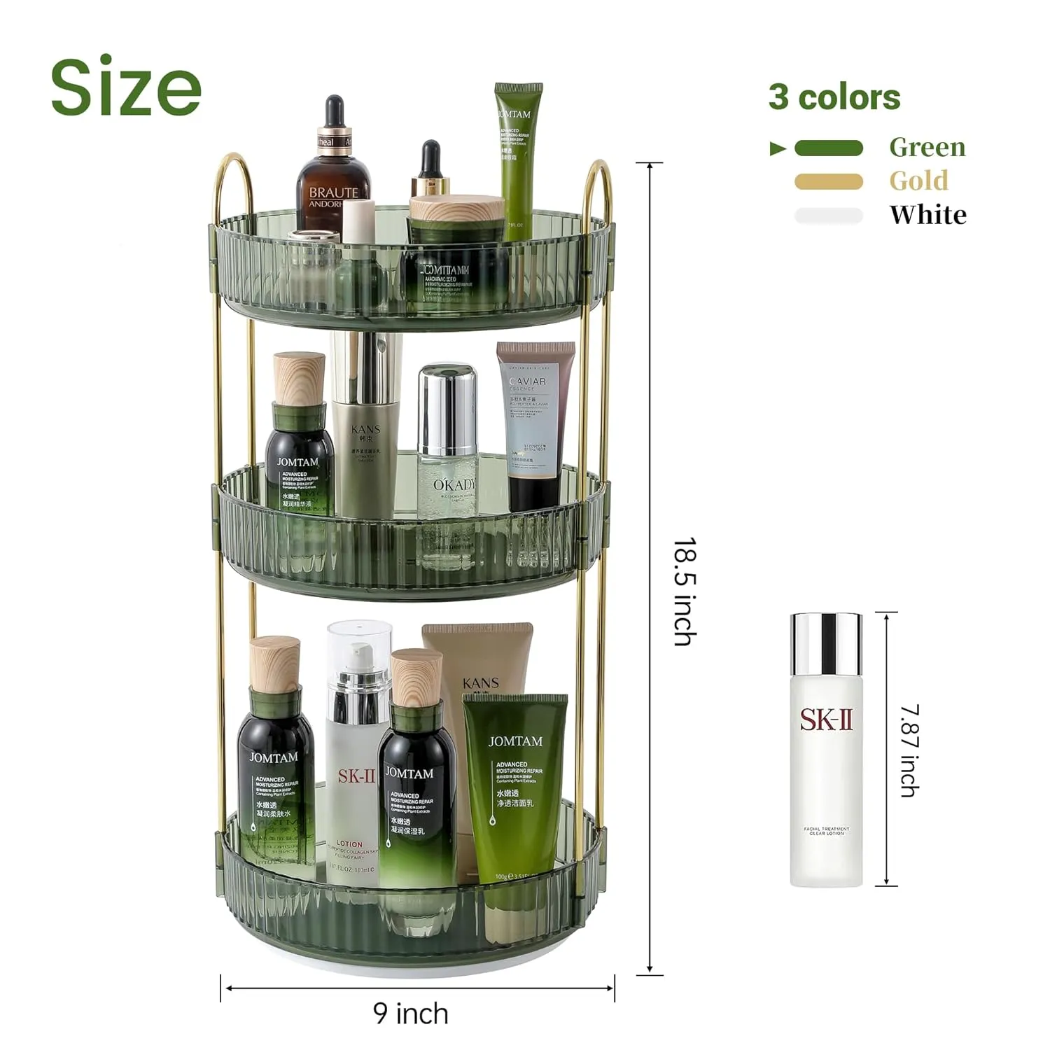 Aveniee Rotating Makeup Organizer for Vanity, 3 Tier Skin Care Perfume Bathroom Counter Organizers and Storage, Clear Spinning Cosmetics Storage Holder for Dresser(Green)