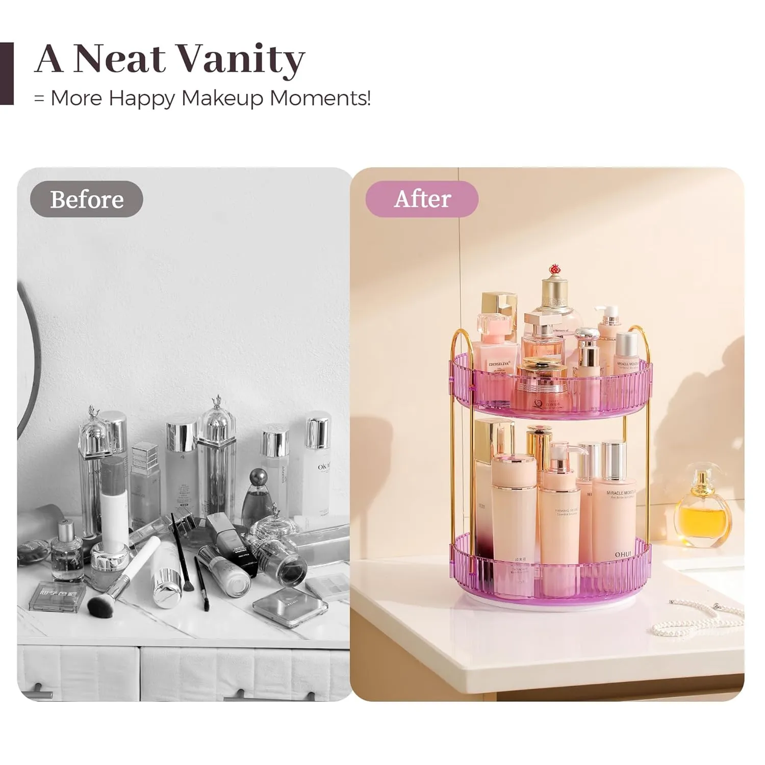 Aveniee Rotating Makeup Organizer for Vanity, Perfume Skincare Organizers Spinning, 2 Tier Bathroom Countertop Storage Organizer, Cosmetics Lipstick Holder for Countert Dresser(Purple)