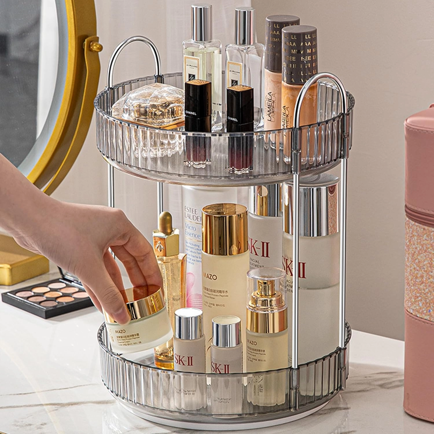 Aveniee 360 Rotating Makeup Organizer for Vanity, Skincare Perfume Organizers Large Capacity, Bathroom Countertop Organizer and Storage, Clear Cosmetics Lipstick Holder for dresser(2 Tiers, Grey)