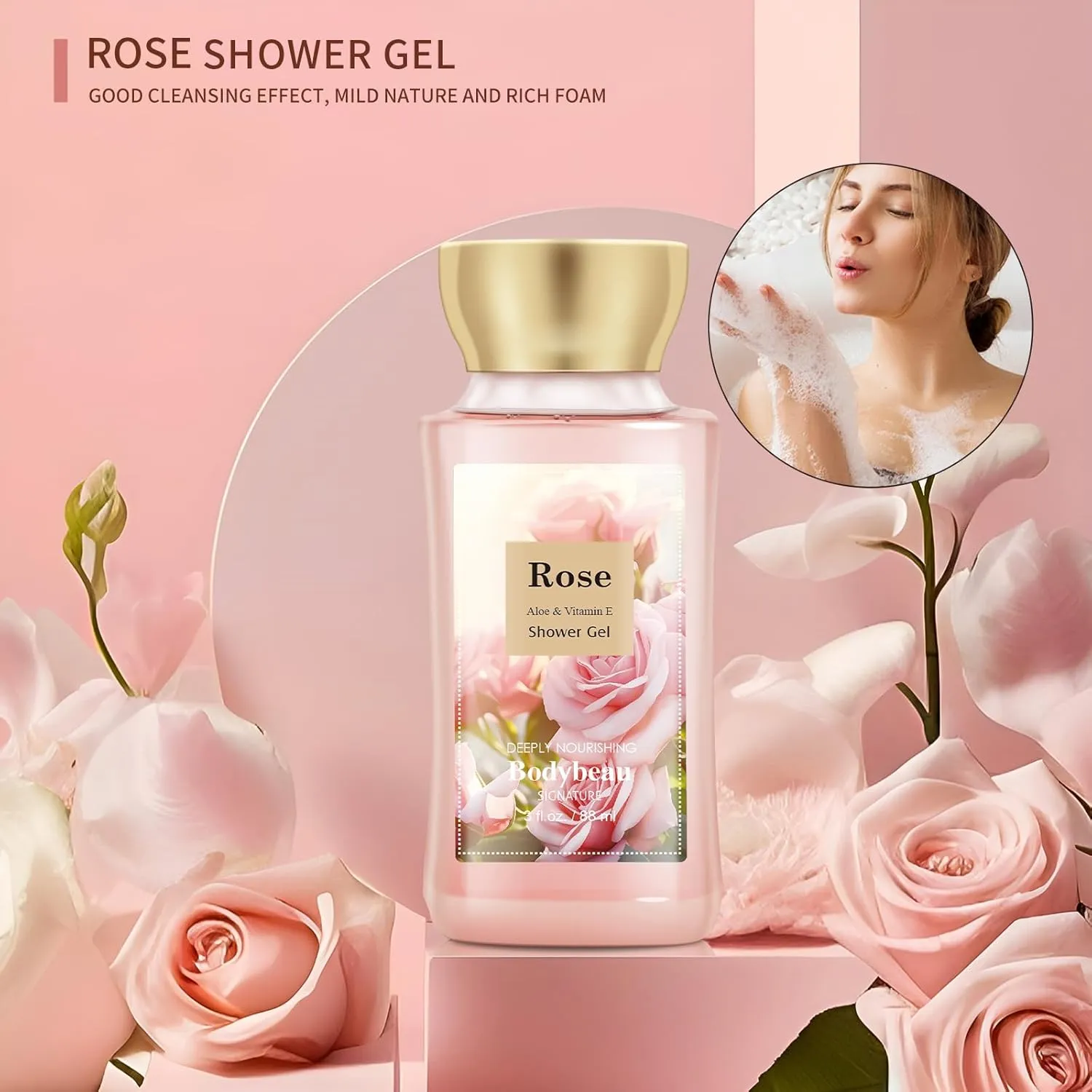 Bath and Body Gift Set for Women & Girls, Rose 4PCS Set for - Shower Gel, Body Lotion, Body Mist, Exfoliating Scrub, Personal Portable Body Care Travel Set