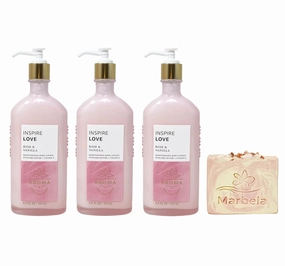 Bath & Body Works Aroma Inspire Love ROSE   VANILLA 3 Pack Body Lotion Value Pack with a Himalayan Salts Springs Bar Soap - Full Size