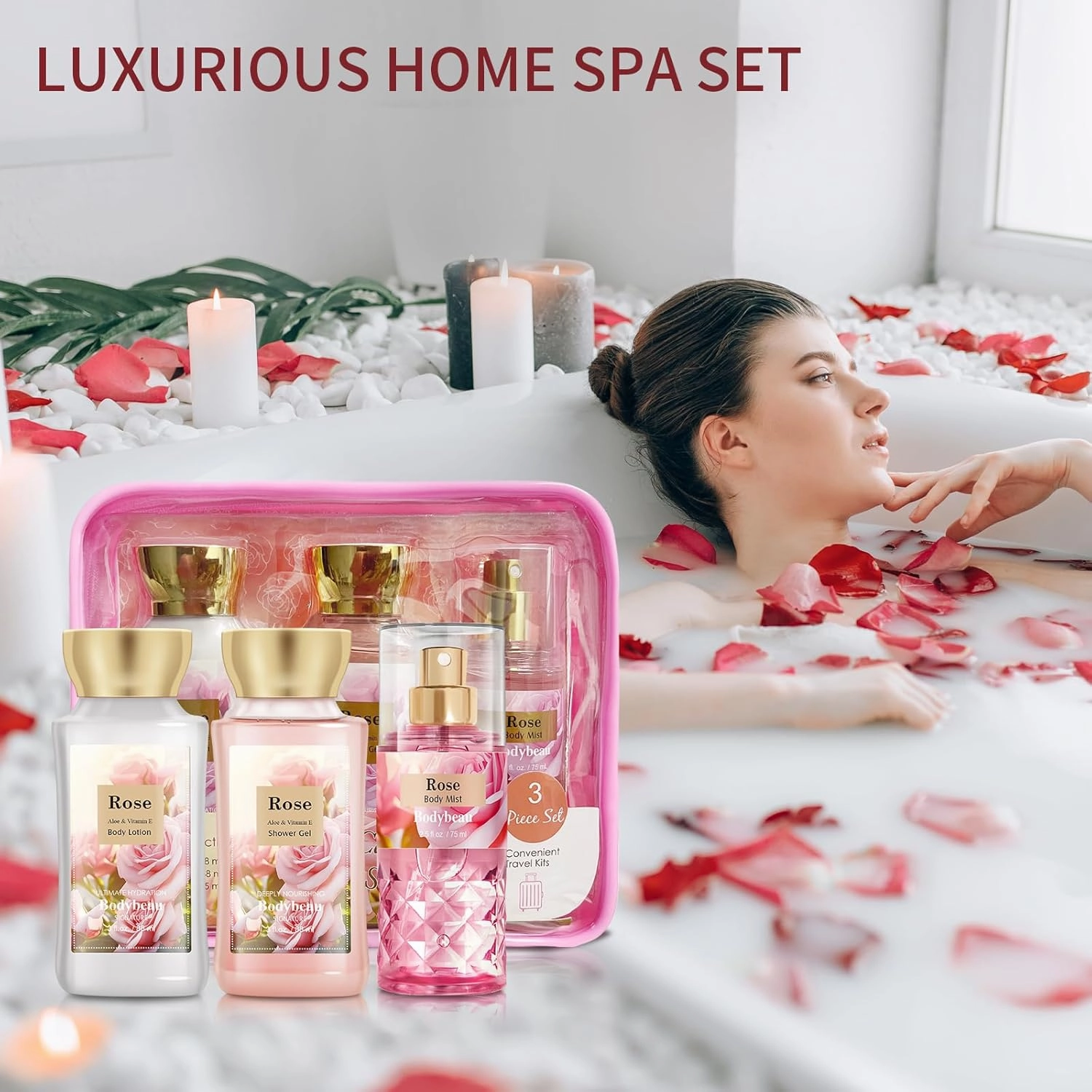Bath and Body Gift Set for Women & Girls, Rose 3PCS Set for - Shower Gel, Body Lotion, Body Mist, Personal Portable Body Care Travel Set for Birthday Mother's Valentine's Day Gifts for Her