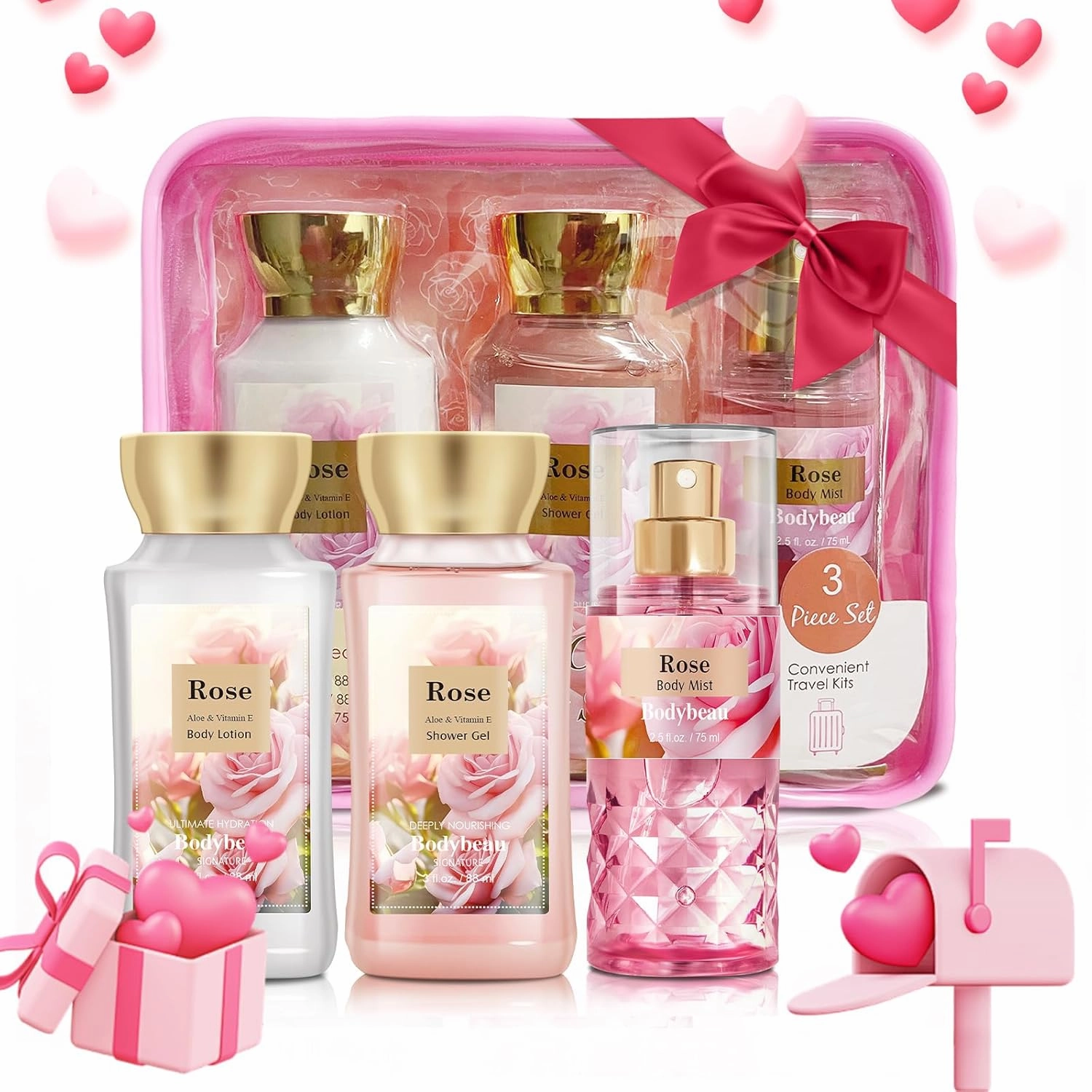 Bath and Body Gift Set for Women & Girls, Rose 3PCS Set for - Shower Gel, Body Lotion, Body Mist, Personal Portable Body Care Travel Set for Birthday Mother's Valentine's Day Gifts for Her