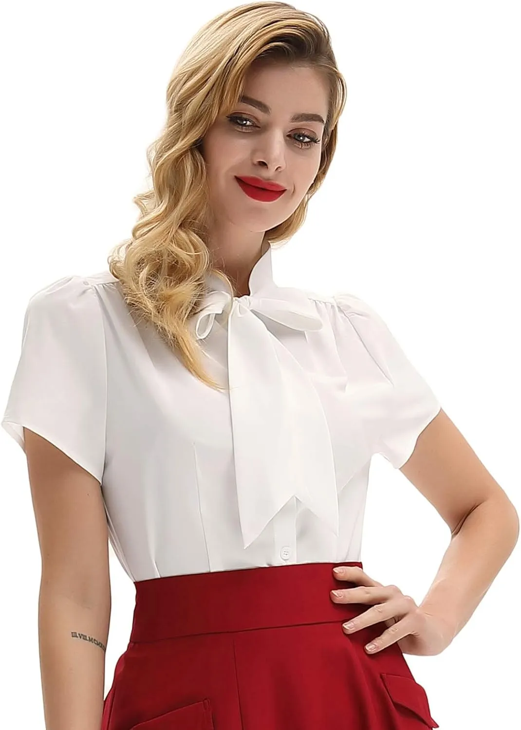Belle Poque Summer Short Sleeve Office Button Down Blouse Stripe Shirt Tops with Bow Tie BP573