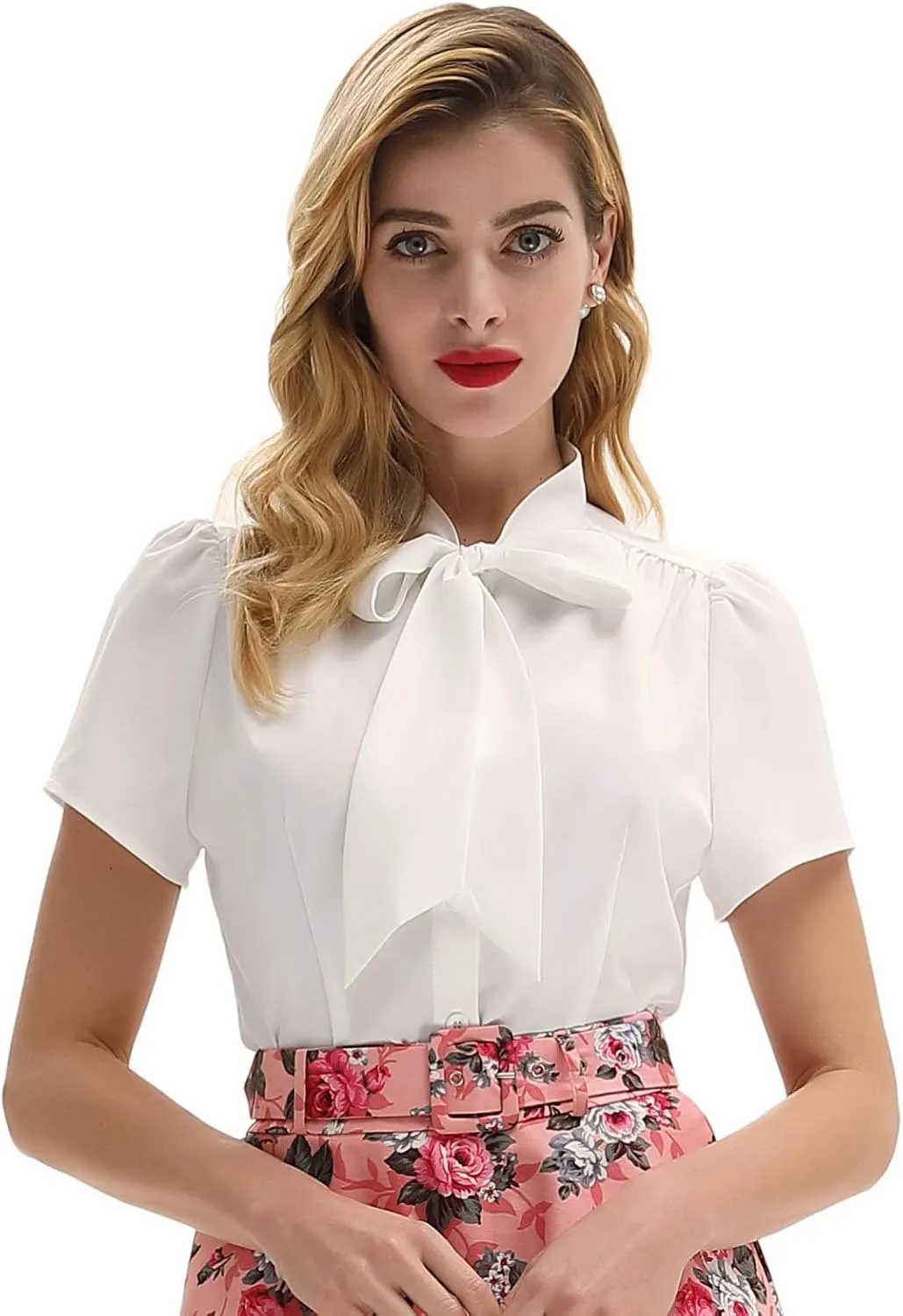 Belle Poque Summer Short Sleeve Office Button Down Blouse Stripe Shirt Tops with Bow Tie BP573