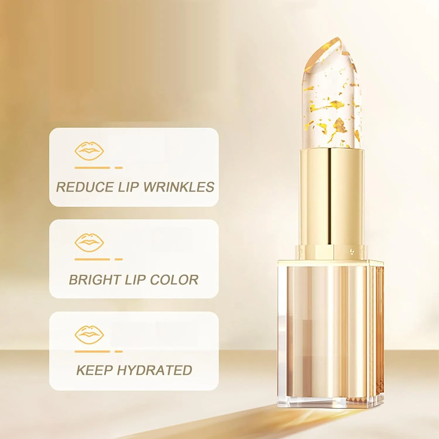 Beneficialn Transferproof Color Changing Lipstick, Gold Foil Moisturizing Gloss Lip Deep Nourishment, Transparent Color Changing Lipstick Gold Foil Flower for Women Long Lasting 24 Hours (2pcs, 3.5g)
