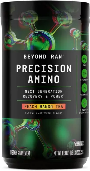 BEYOND RAW Precision Amino | Recovery & Power Amino Acid Formula | Fuel Muscles | Enhance Hydration | Peach Mango Tea | 25 Servings