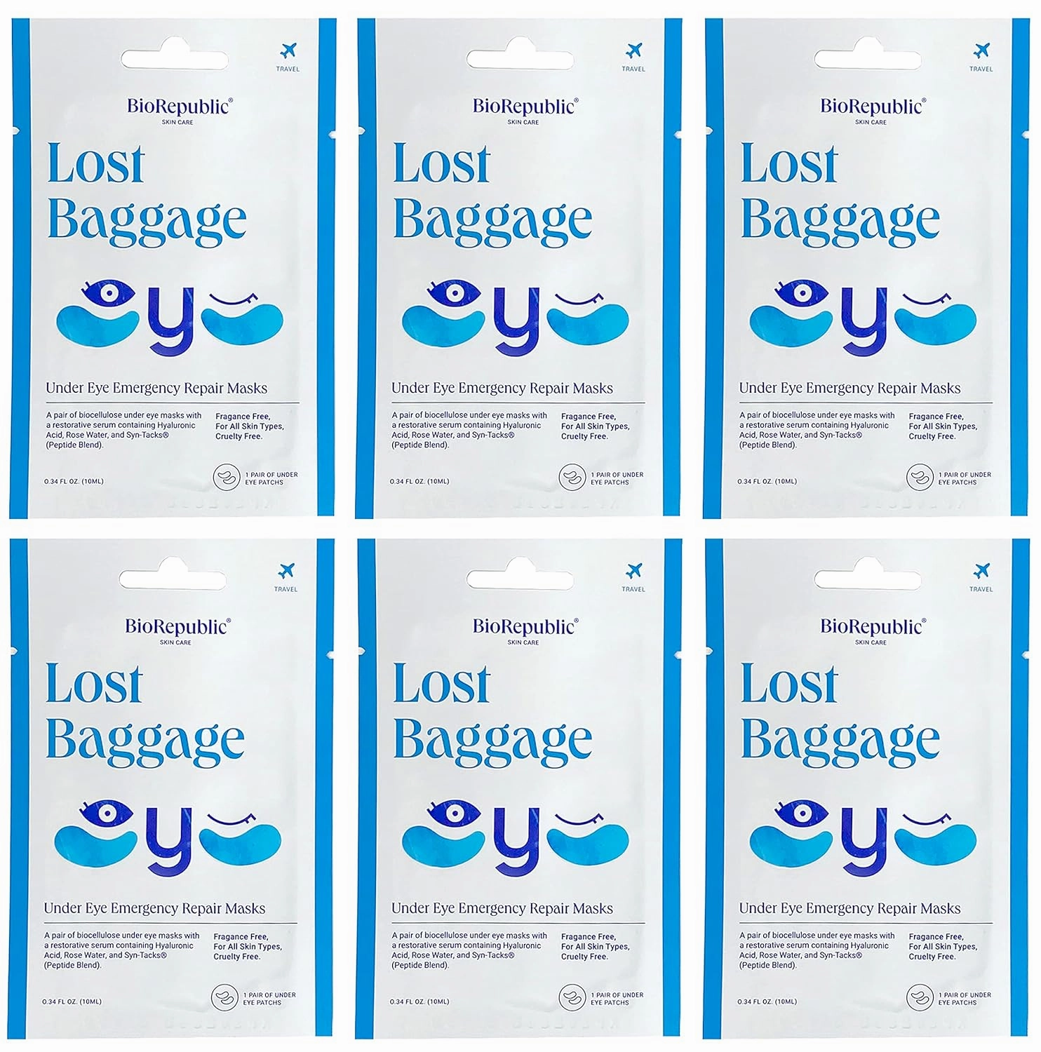 BioRepublic Skin Care Lost Baggage Biocellulose Under-Eye Emergency Repair Masks with Revitalizing Serum, for All Skin Types - 1 Pair, Pack of 6
