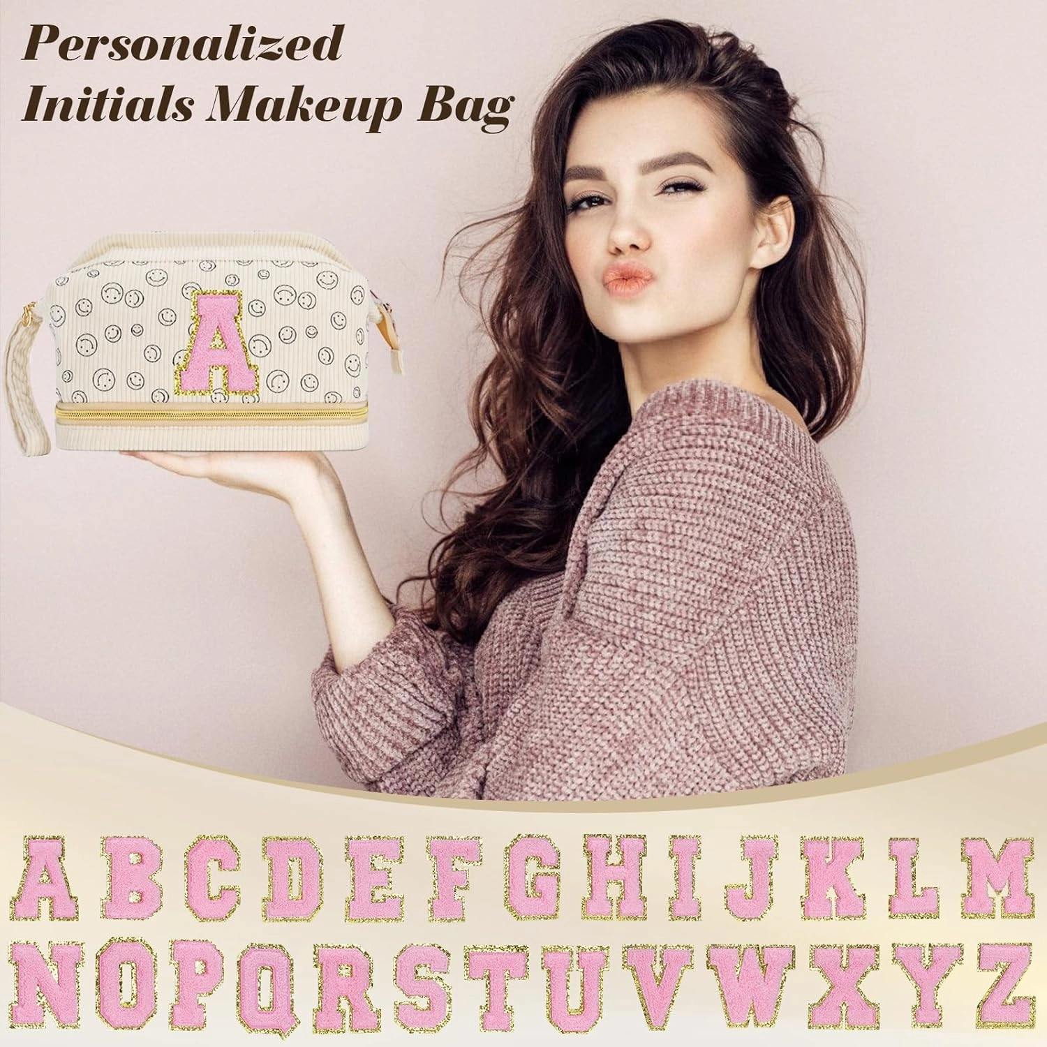 Birthday Gifts for Girls, Personalized Initial Make up Bag 18th Birthday Gifts for Girls Women, Travel Make up Bag Cosmetic Bag Preppy Stuff Bag for Her Mom Girlfriend Wife Teacher - A