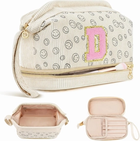 Birthday Gifts for Girls, Personalized Initial Make up Bag 18th Birthday Gifts for Girls Women, Travel Make up Bag Cosmetic Bag Preppy Stuff Bag for Her Mom Girlfriend Wife Teacher - D