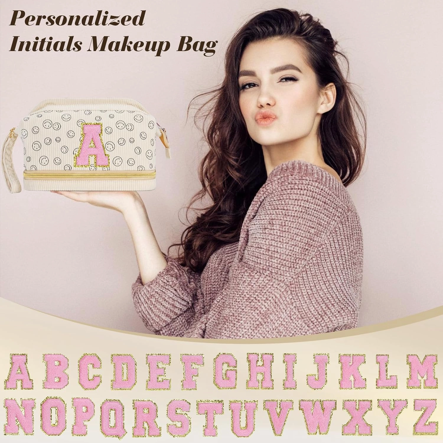 Birthday Gifts for Girls, Personalized Initial Make up Bag 18th Birthday Gifts for Girls Women, Travel Make up Bag Cosmetic Bag Preppy Stuff Bag for Her Mom Girlfriend Wife Teacher - D