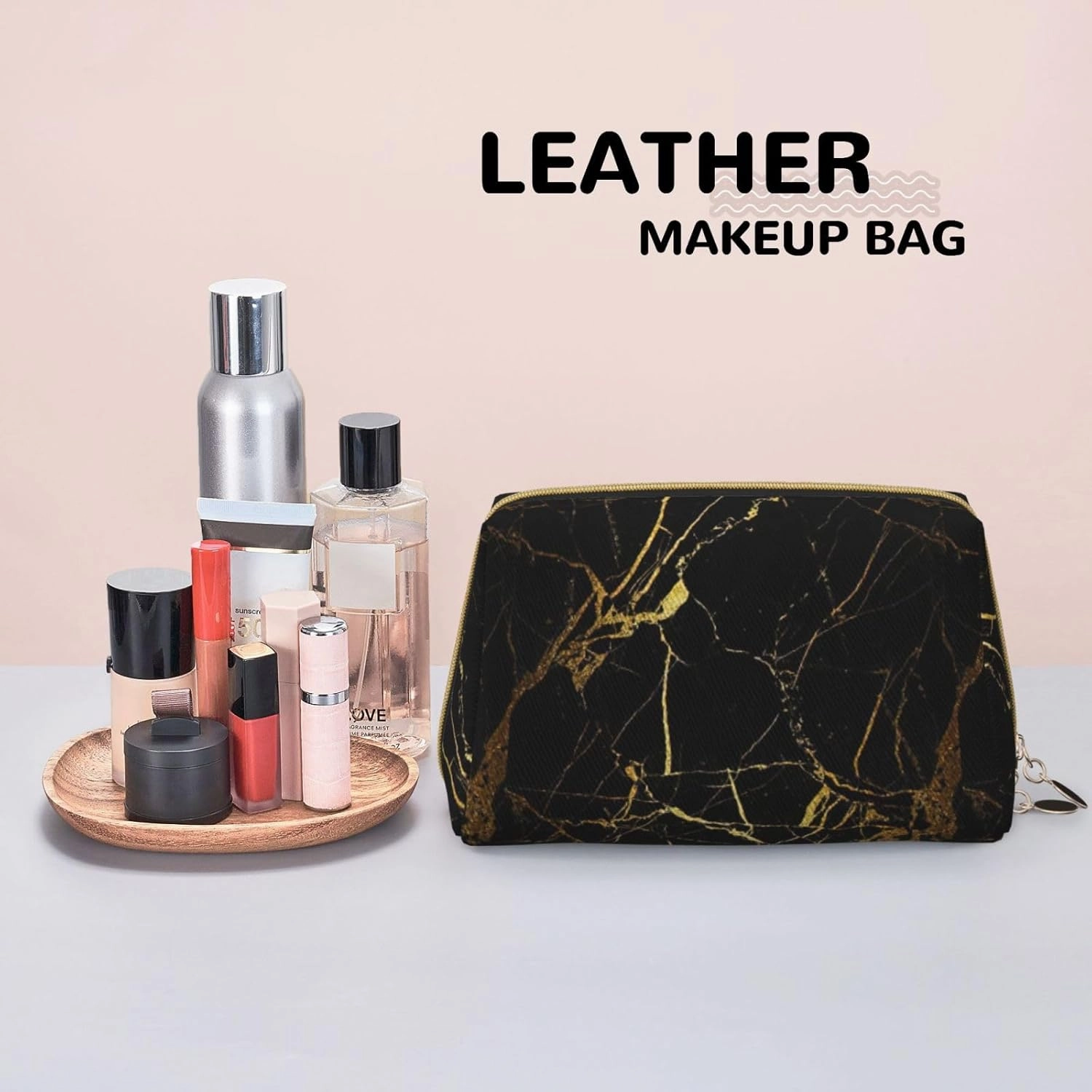 Black Gold Marble Toiletry Pouch, Travel-Friendly Makeup Organizer For Makeup Brushes, Lipsticks