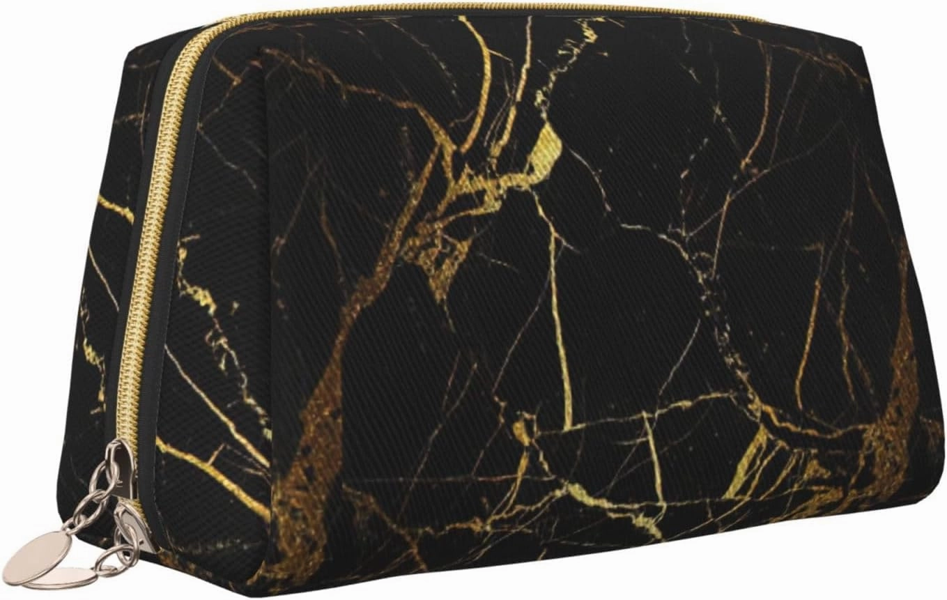 Black Gold Marble Toiletry Pouch, Travel-Friendly Makeup Organizer For Makeup Brushes, Lipsticks