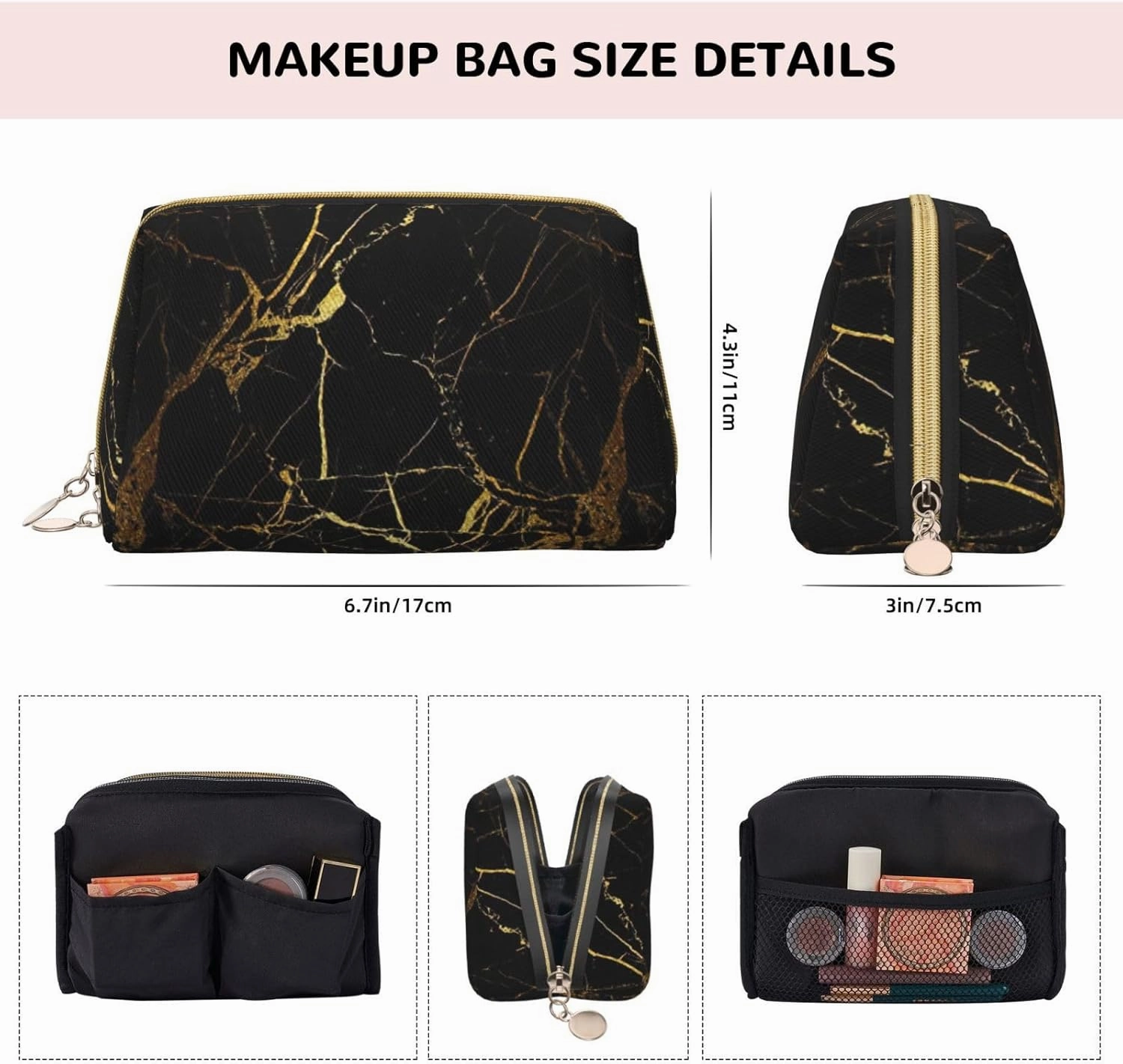 Black Gold Marble Toiletry Pouch, Travel-Friendly Makeup Organizer For Makeup Brushes, Lipsticks