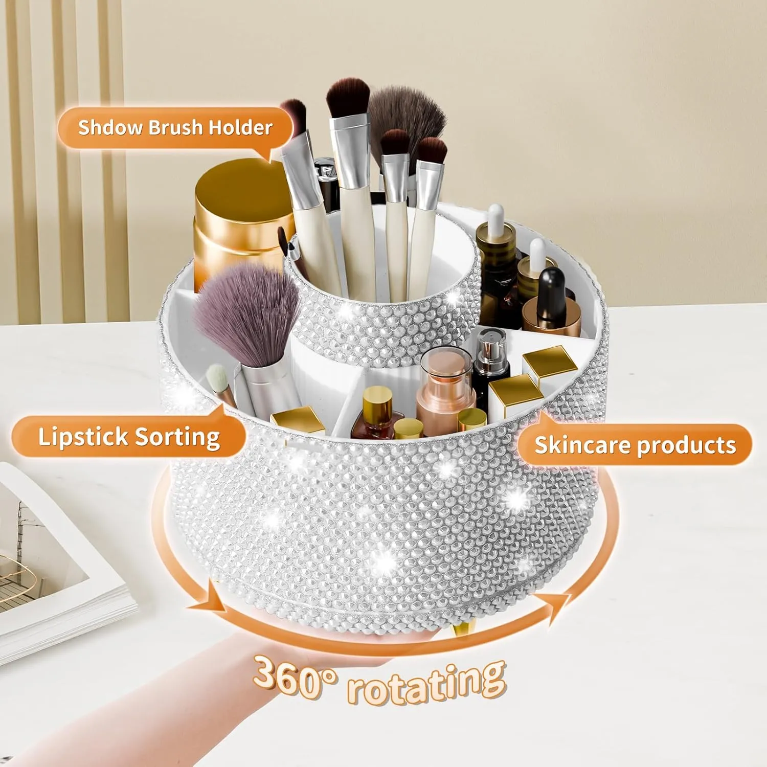 Bling 360° Rotate Makeup Brush Holder Organizer, Makeup Organizers Countertop, Makeup organization and Skincare Storage for Vanity, Gift for Women Girls (Bling dz-White)