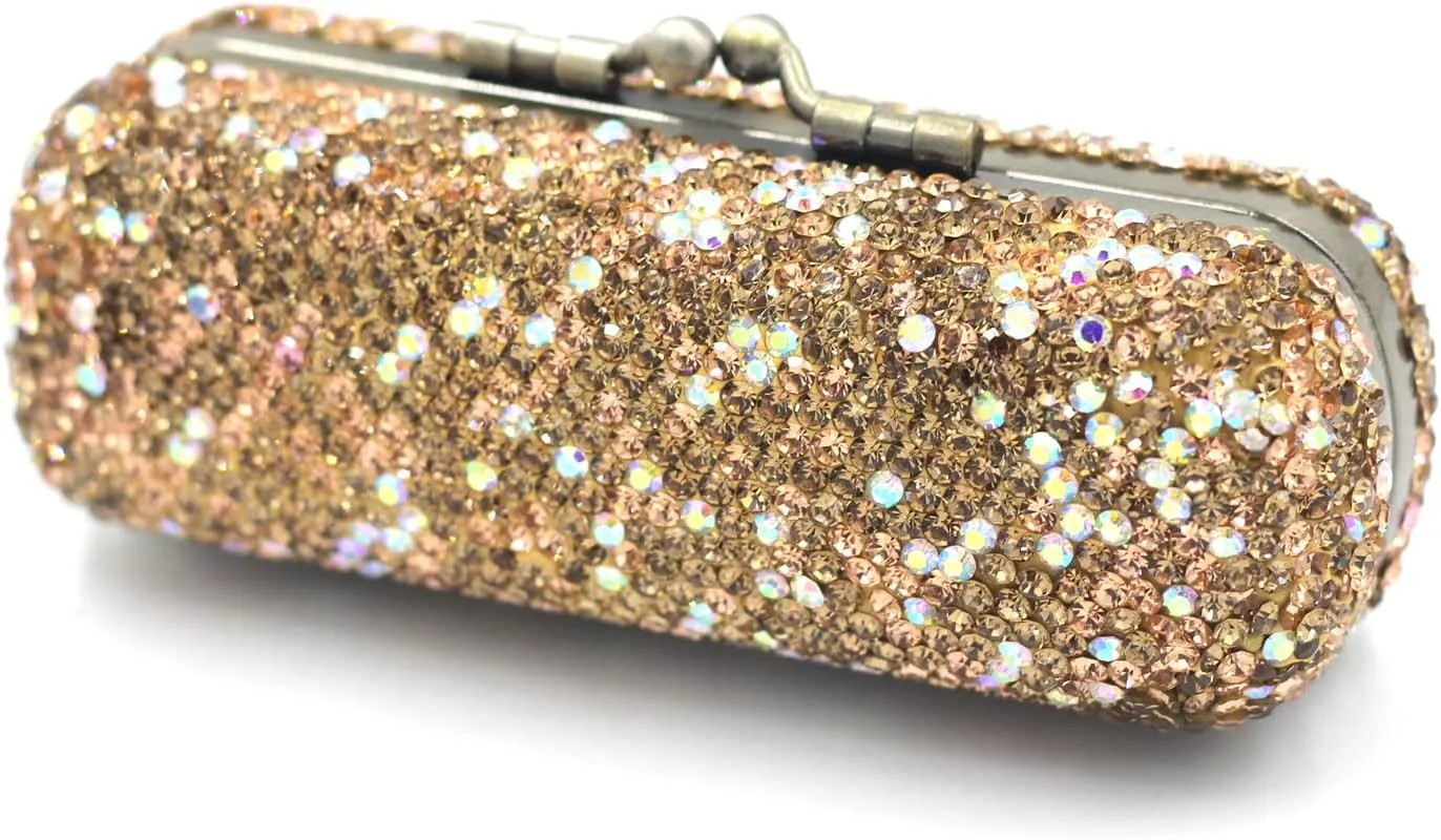Bling Rhinestone Crystal Lipstick Case Holder Organizer bag Cosmetic Storage for Women's Lipstick Jewelry Kit (Gold)