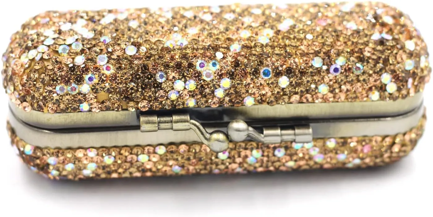 Bling Rhinestone Crystal Lipstick Case Holder Organizer bag Cosmetic Storage for Women's Lipstick Jewelry Kit (Gold)