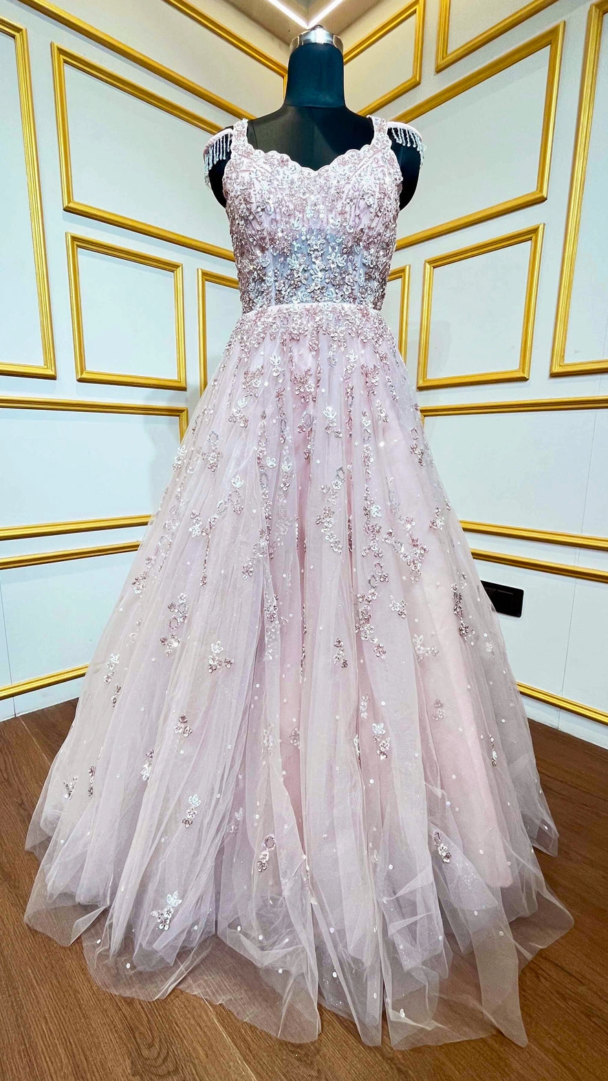 Blush pink gown with crystal & sequins work on net