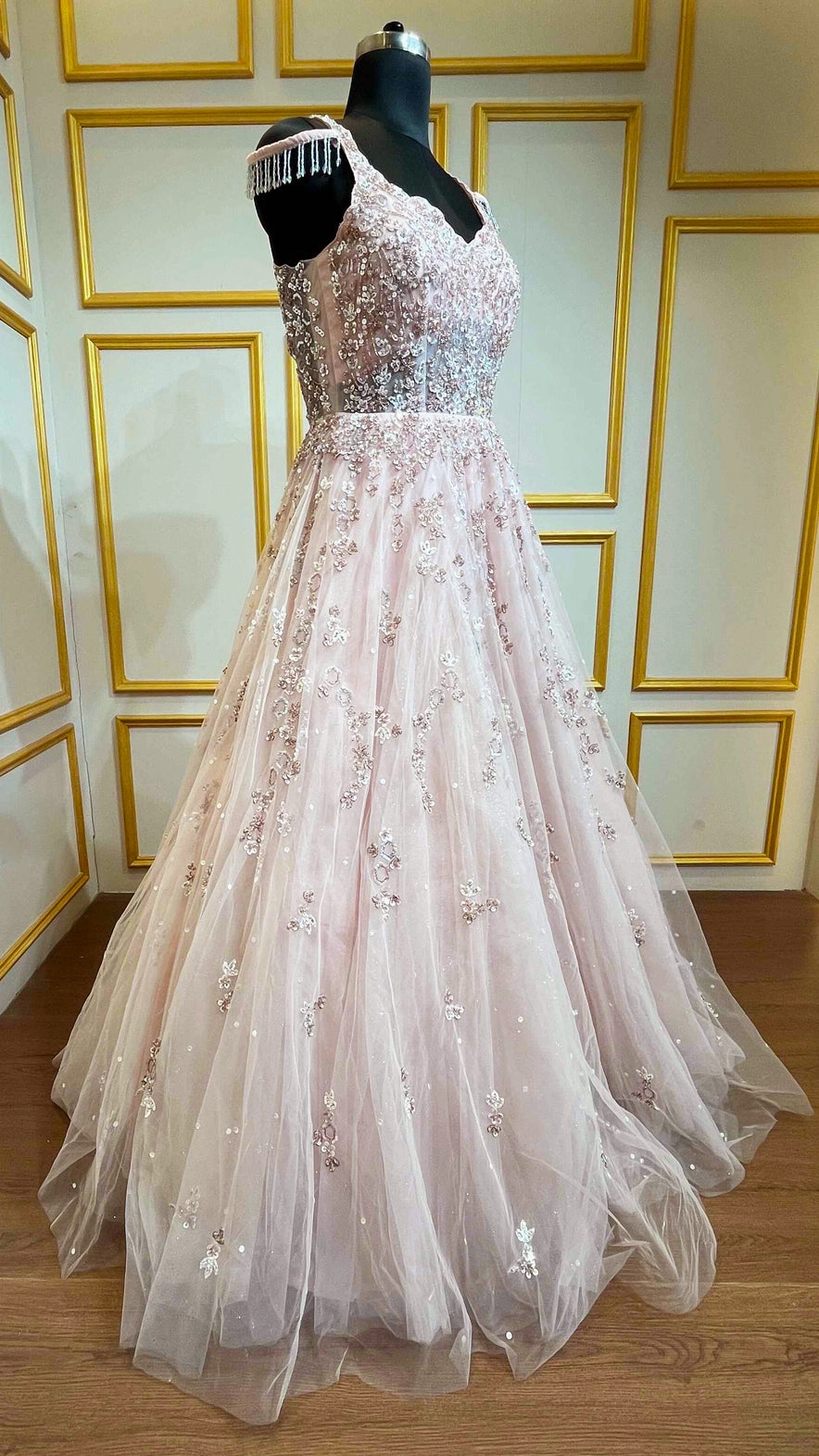 Blush pink gown with crystal & sequins work on net