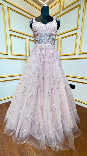 Blush pink gown with crystal & sequins work on net