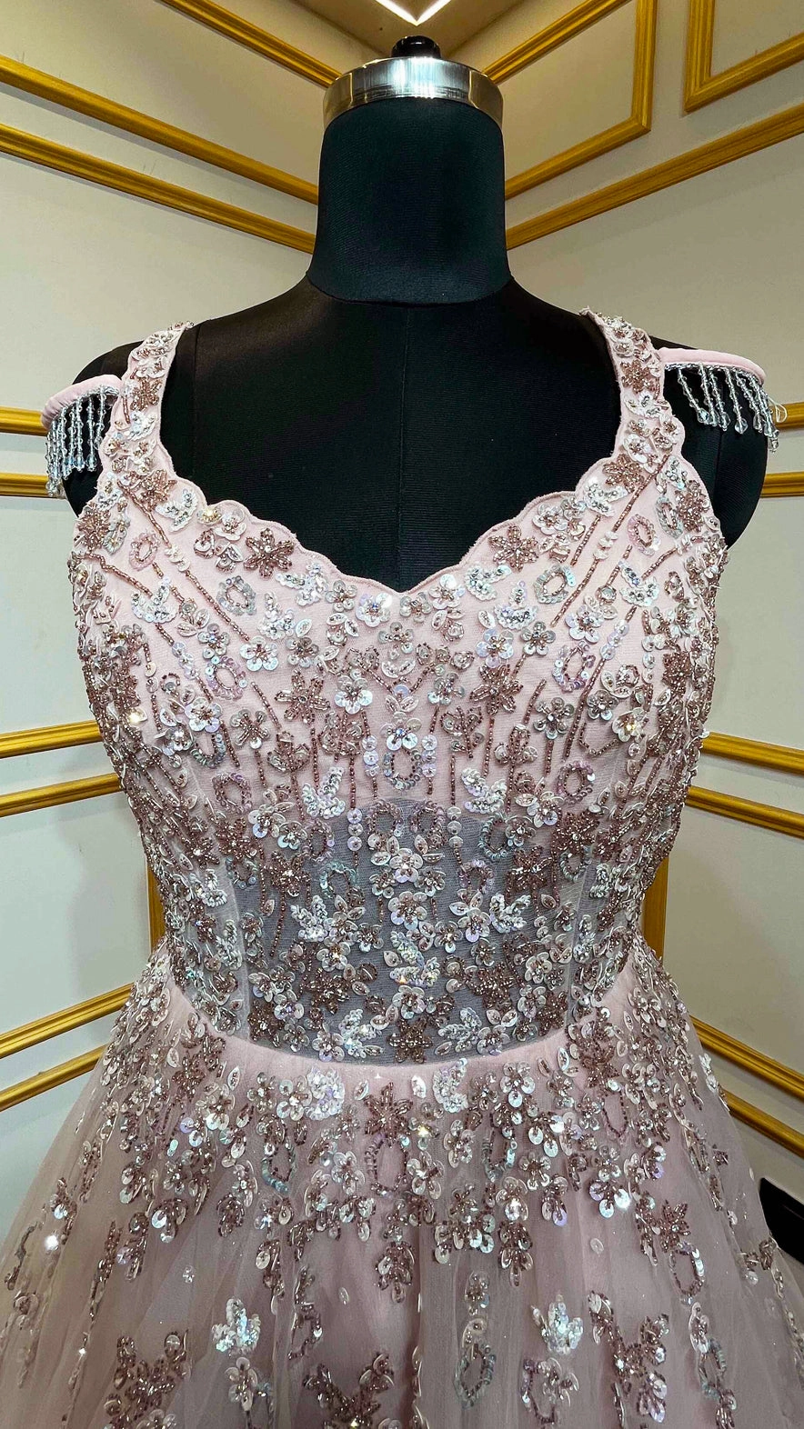 Blush pink gown with crystal & sequins work on net