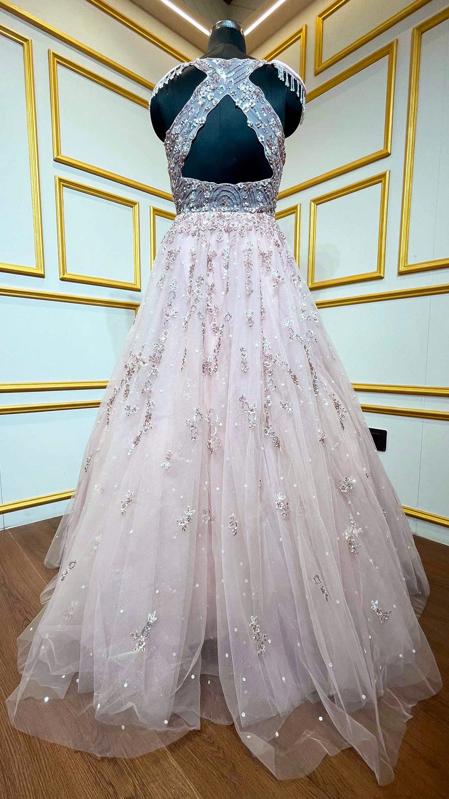 Blush pink gown with crystal & sequins work on net