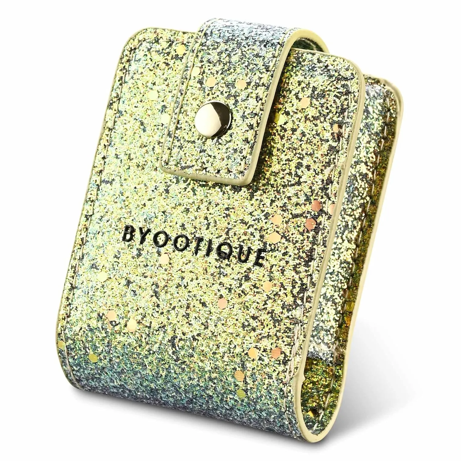 BYOOTIQUE Makeup Lipstick Case with Mirror Portable Lip Gloss Cosmetic Pouch Lipstick Holder Makeup Organizer Makeup Bag for Purse Mini Bag Travel, Glitter Green