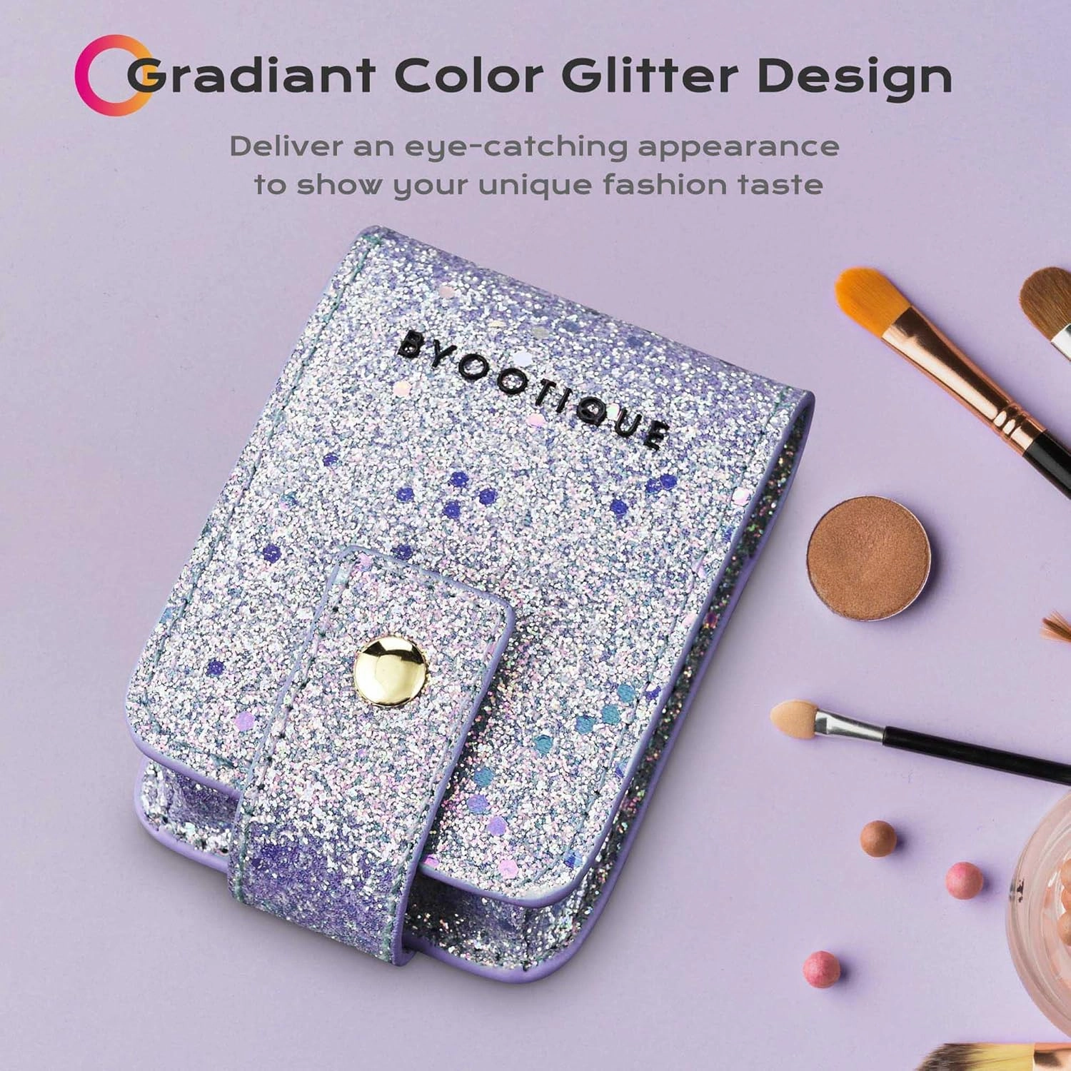 BYOOTIQUE Makeup Lipstick Case Portable Lip Gloss Cosmetic Pouch Lipstick Holder Makeup Organizer with Built-in Mirror Makeup Bag for Purse Mini Bag Travel, Glitter Purple