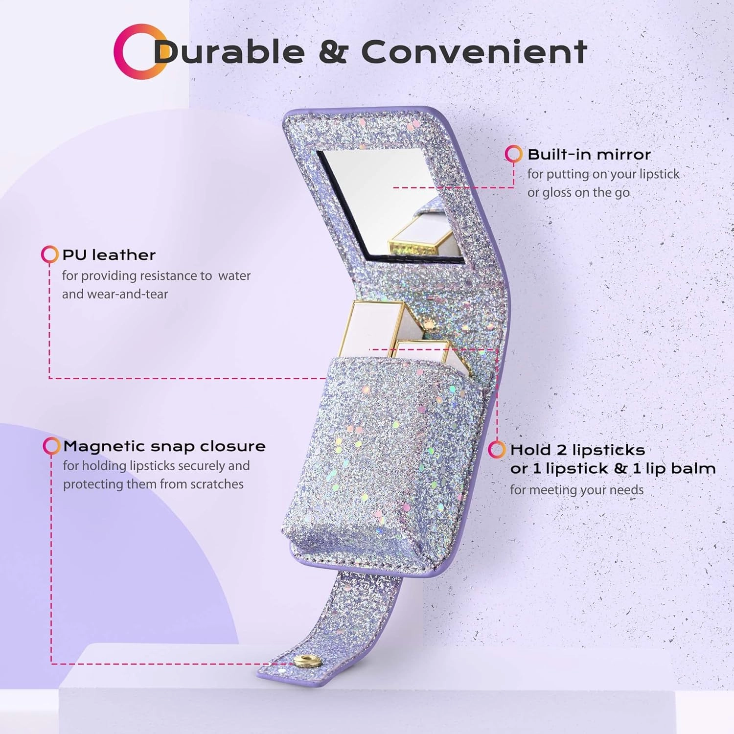 BYOOTIQUE Makeup Lipstick Case Portable Lip Gloss Cosmetic Pouch Lipstick Holder Makeup Organizer with Built-in Mirror Makeup Bag for Purse Mini Bag Travel, Glitter Purple