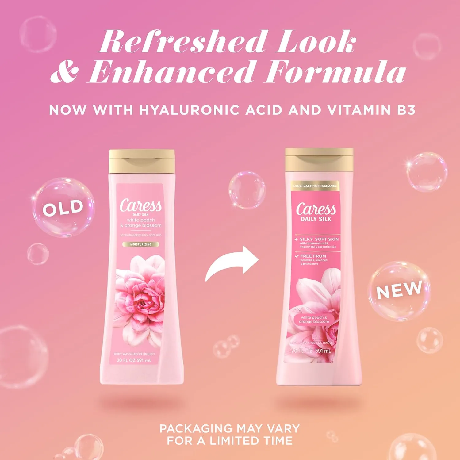 Caress Body Wash for Women, Daily Silk White Peach & Orange Blossom, Shower Gel Body Wash Moisturizing for Noticeably Silky, Soft Skin, 20 fl oz, 4 Pack