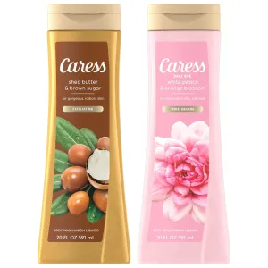 Caress Body Wash Set, Shea Butter & Brown Sugar   Daily Silk White Peach & Orange Blossom Moisturizing Body Wash for Gorgeous, Radiant Skin, Body Soap Liquid Set, 20 Fl Oz (2 Piece Set)
